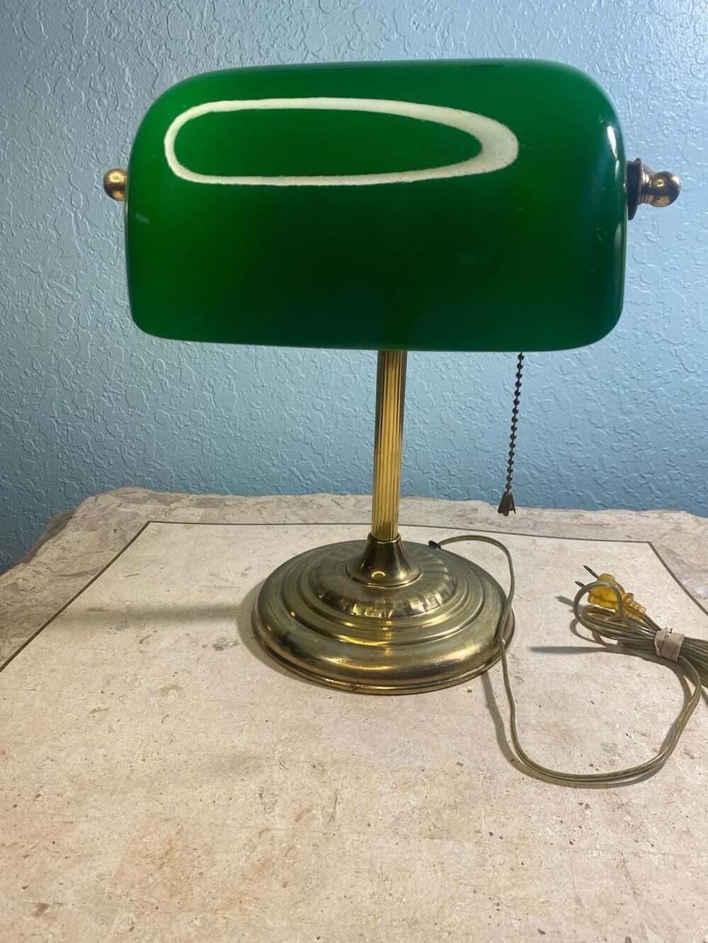 Vintage Bankers Desk Lamp with Multi-Color Cased Art Glass Shade and Brass Base